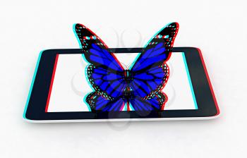 butterflies on a phone on a white background. 3D illustration. Anaglyph. View with red/cyan glasses to see in 3D.