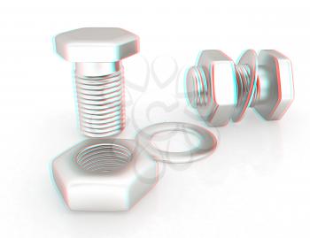 stainless steel bolts with a nuts and washers on white. 3D illustration. Anaglyph. View with red/cyan glasses to see in 3D.