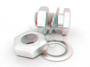 stainless steel bolts with a nuts and washers on white. 3D illustration. Anaglyph. View with red/cyan glasses to see in 3D.