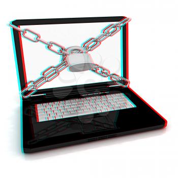 Laptop with lock and chain on a white background. 3D illustration. Anaglyph. View with red/cyan glasses to see in 3D.