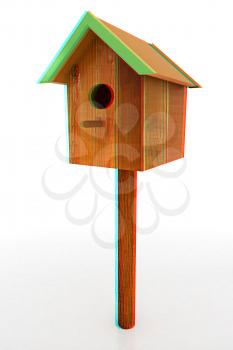 Nest box birdhouse on a white background. 3D illustration. Anaglyph. View with red/cyan glasses to see in 3D.