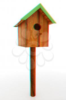 Nest box birdhouse on a white background. 3D illustration. Anaglyph. View with red/cyan glasses to see in 3D.