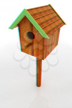 Nest box birdhouse on a white background. 3D illustration. Anaglyph. View with red/cyan glasses to see in 3D.