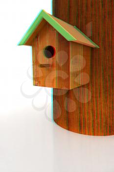 Nest box birdhouse on a white background. 3D illustration. Anaglyph. View with red/cyan glasses to see in 3D.