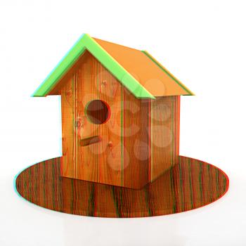 Nest box birdhouse on a white background. 3D illustration. Anaglyph. View with red/cyan glasses to see in 3D.