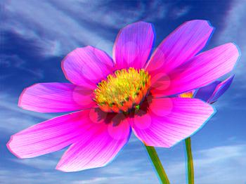 Beautiful Cosmos Flower Against the sky. 3D illustration. Anaglyph. View with red/cyan glasses to see in 3D.
