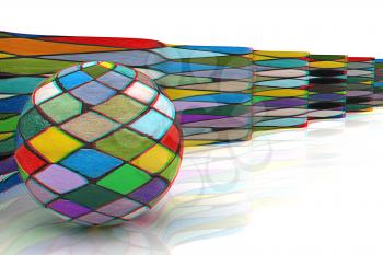 The mosaic ball against the background of colorful waves. 3D illustration. Anaglyph. View with red/cyan glasses to see in 3D.