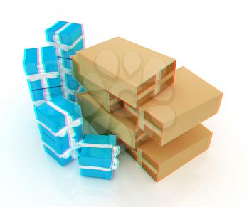 Cardboard boxes and gifts on a white background. 3D illustration. Anaglyph. View with red/cyan glasses to see in 3D.