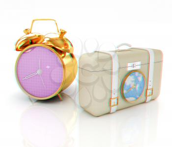 Suitcases for travel and clock. 3D illustration. Anaglyph. View with red/cyan glasses to see in 3D.