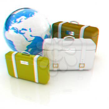 travel bags and earth on white . 3D illustration. Anaglyph. View with red/cyan glasses to see in 3D.