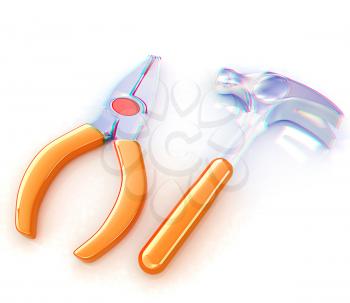 pliers and hammer. 3D illustration. Anaglyph. View with red/cyan glasses to see in 3D.