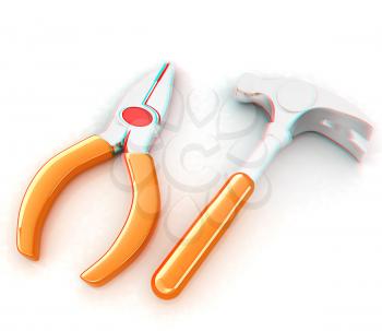 pliers and hammer. 3D illustration. Anaglyph. View with red/cyan glasses to see in 3D.