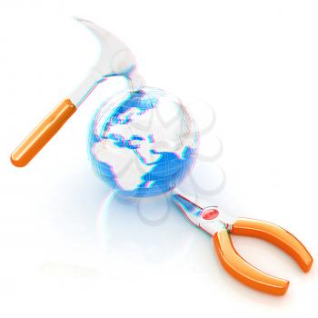 pliers and hammer. 3D illustration. Anaglyph. View with red/cyan glasses to see in 3D.