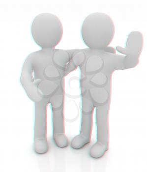 Friends standing next to an embrace and raised one's hand for greeting. 3d image. Isolated white background.. 3D illustration. Anaglyph. View with red/cyan glasses to see in 3D.