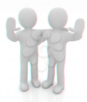 Friends standing next to an embrace and raised one's hand for greeting. 3d image. Isolated white background.. 3D illustration. Anaglyph. View with red/cyan glasses to see in 3D.