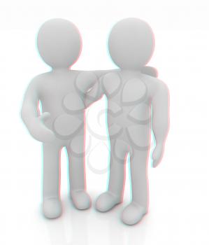 Friends standing next to an embrace. 3d image. Isolated white background. . 3D illustration. Anaglyph. View with red/cyan glasses to see in 3D.