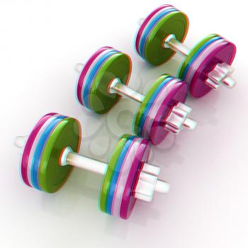 Colorful dumbbells on a white background. 3D illustration. Anaglyph. View with red/cyan glasses to see in 3D.