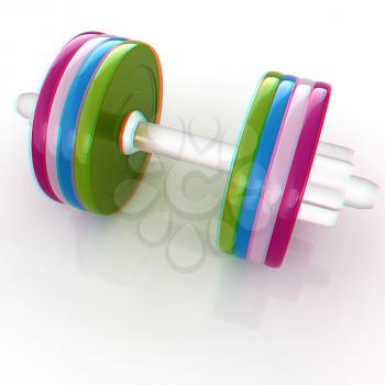 Colorful dumbbells on a white background. 3D illustration. Anaglyph. View with red/cyan glasses to see in 3D.