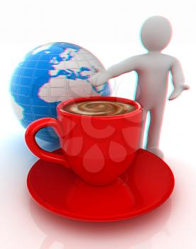 3d people - man, person presenting - Mug of coffee with milk. Global concept with Earth. 3D illustration. Anaglyph. View with red/cyan glasses to see in 3D.