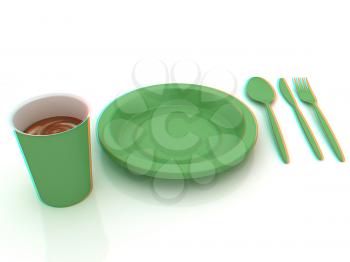 Fast-food disposable tableware. 3D illustration. Anaglyph. View with red/cyan glasses to see in 3D.