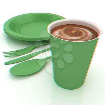 Fast-food disposable tableware. 3D illustration. Anaglyph. View with red/cyan glasses to see in 3D.