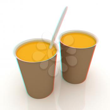 Orange juice in a fast food dishes. 3D illustration. Anaglyph. View with red/cyan glasses to see in 3D.