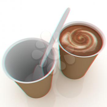 Coffe in fast-food disposable tableware. 3D illustration. Anaglyph. View with red/cyan glasses to see in 3D.