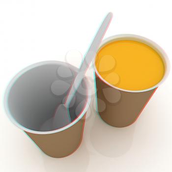 Orange juice in a fast food dishes. 3D illustration. Anaglyph. View with red/cyan glasses to see in 3D.