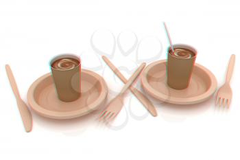 Coffe in fast-food disposable tableware. 3D illustration. Anaglyph. View with red/cyan glasses to see in 3D.