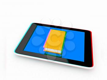 tablet pc and book on white background. 3D illustration. Anaglyph. View with red/cyan glasses to see in 3D.