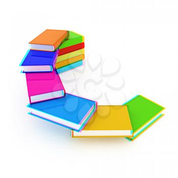 colorful real books on a white background. 3D illustration. Anaglyph. View with red/cyan glasses to see in 3D.