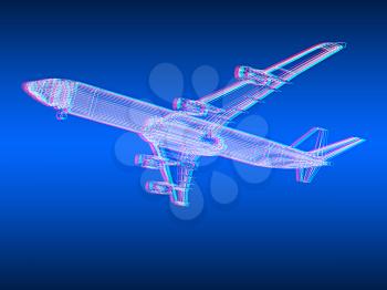 3d model Flying airplane on gradient background. 3D illustration. Anaglyph. View with red/cyan glasses to see in 3D.