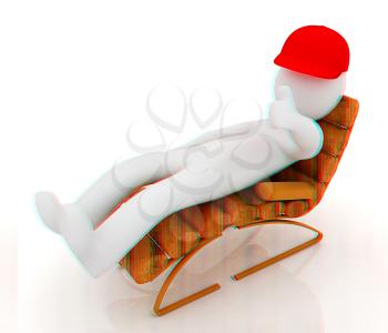 3d white man lying wooden chair with thumb up on white background . 3D illustration. Anaglyph. View with red/cyan glasses to see in 3D.