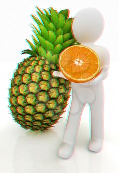 3d man with citrus on a white background. 3D illustration. Anaglyph. View with red/cyan glasses to see in 3D.