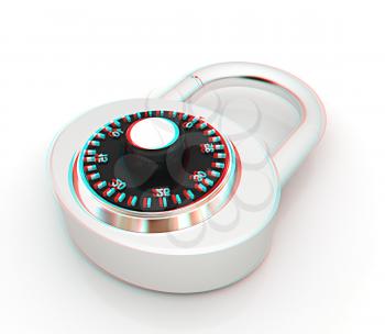 Illustration of security concept with chrome locked combination pad lock on a white background. 3D illustration. Anaglyph. View with red/cyan glasses to see in 3D.
