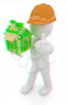 3d architect man in a hard hat with thumb up with log house from matches pattern. 3d image. Isolated on white background. . 3D illustration. Anaglyph. View with red/cyan glasses to see in 3D.