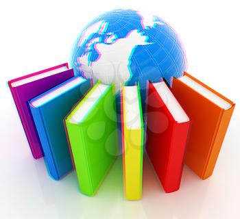 Colorful books and earth on a white background. 3D illustration. Anaglyph. View with red/cyan glasses to see in 3D.