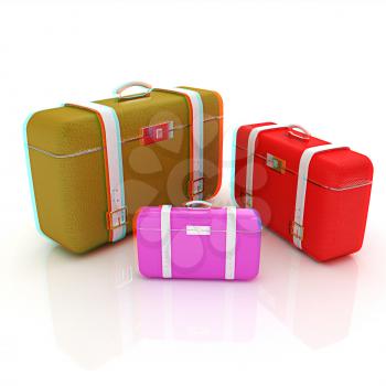 Traveler's suitcases. Family travel concept. 3D illustration. Anaglyph. View with red/cyan glasses to see in 3D.