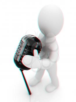 3D man with a microphone on a white background . 3D illustration. Anaglyph. View with red/cyan glasses to see in 3D.