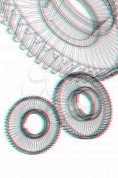 Gear set on white background . 3D illustration. Anaglyph. View with red/cyan glasses to see in 3D.