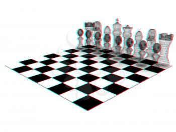 Chessboard with chess pieces. 3D illustration. Anaglyph. View with red/cyan glasses to see in 3D.