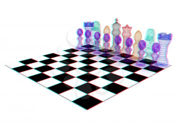 Chessboard with chess pieces. 3D illustration. Anaglyph. View with red/cyan glasses to see in 3D.