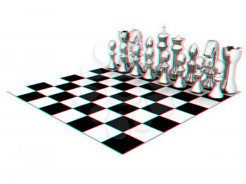 Chessboard with chess pieces. 3D illustration. Anaglyph. View with red/cyan glasses to see in 3D.