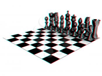 Chessboard with chess pieces. 3D illustration. Anaglyph. View with red/cyan glasses to see in 3D.