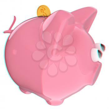 Piggy bank with gold coin on white. 3D illustration. Anaglyph. View with red/cyan glasses to see in 3D.