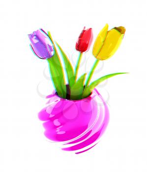 Tulips with leaf in vase. 3D illustration. Anaglyph. View with red/cyan glasses to see in 3D.