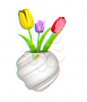 Tulips with leaf in vase. 3D illustration. Anaglyph. View with red/cyan glasses to see in 3D.