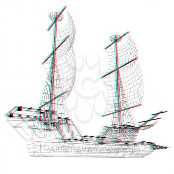 3d model ship. 3D illustration. Anaglyph. View with red/cyan glasses to see in 3D.