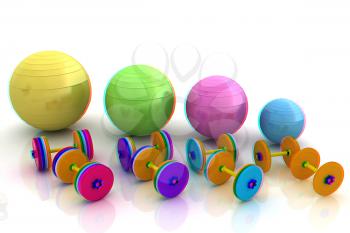 Fitness ball and dumbell. 3D illustration. Anaglyph. View with red/cyan glasses to see in 3D.