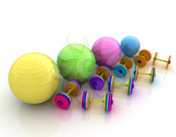 Fitness ball and dumbell. 3D illustration. Anaglyph. View with red/cyan glasses to see in 3D.